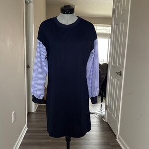 Navy Dress with Striped Sleeves